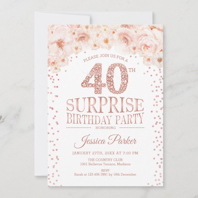 Invitation Surprise 40e fête d'anniversaire - White Rose Gold (Devant)