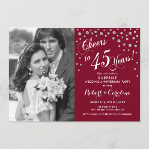 Invitation Surprise 45e anniversaire avec photo argent rouge