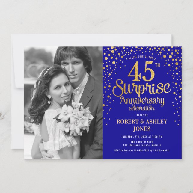 Invitation Surprise 45e anniversaire avec photo - Or Bleu (Devant)