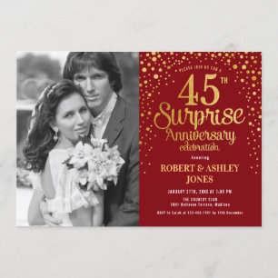 Invitation Surprise 45e anniversaire avec photo - Or rouge