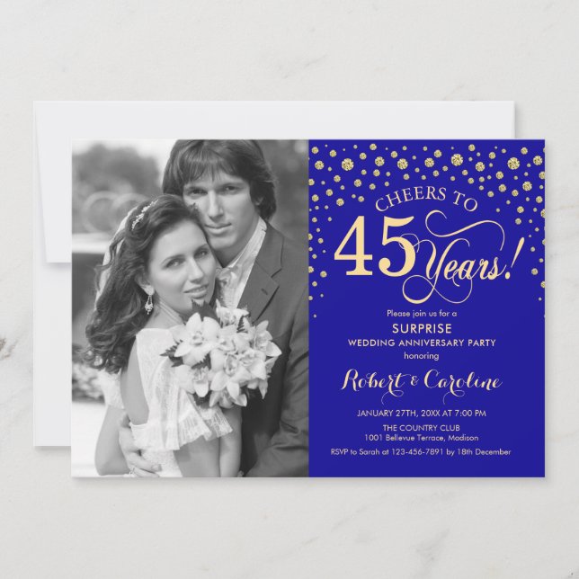 Invitation Surprise 45e anniversaire avec photo Saphir Or (Devant)