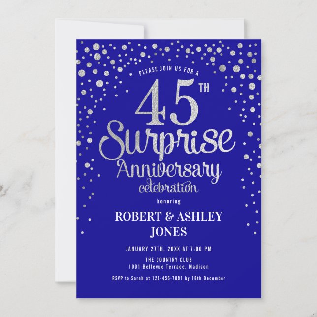 Invitation Surprise 45e anniversaire - Sapphire Blue & Silver (Devant)