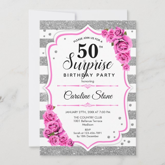 Invitation Surprise 50e anniversaire - Argent blanc rose (Devant)