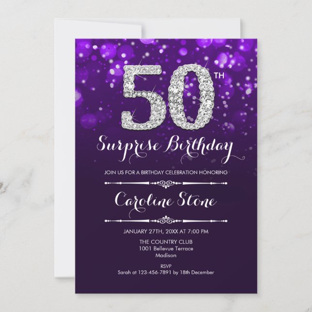 Invitation Surprise 50e anniversaire - Argent violet (Devant)