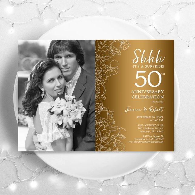 Invitation Surprise 50e anniversaire avec photo - Blanc Or (Créateur téléchargé)