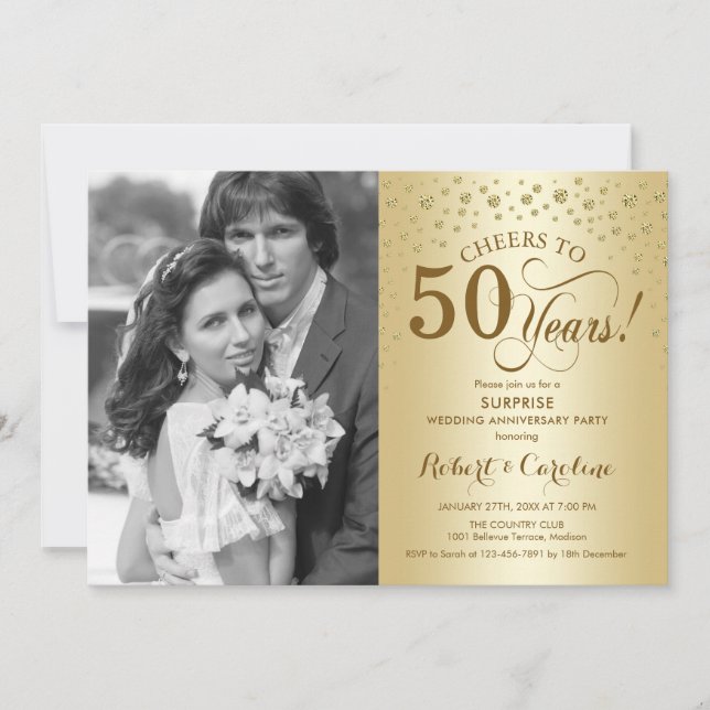 Invitation Surprise 50e anniversaire avec Photo Gold Elegant (Devant)