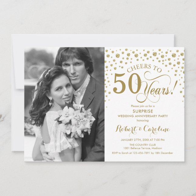 Invitation Surprise 50e anniversaire avec photo or blanc (Devant)