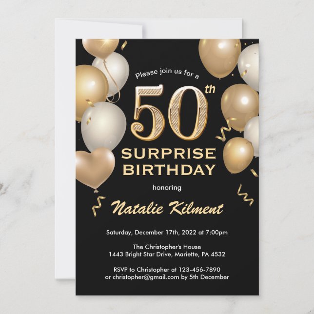 Invitation Surprise 50e anniversaire Ballons noir et or (Devant)