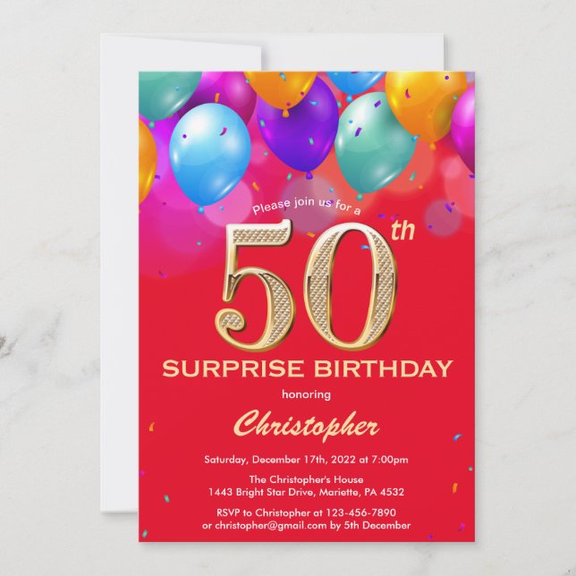 Invitation Surprise 50e anniversaire Ballons rouge et or (Devant)