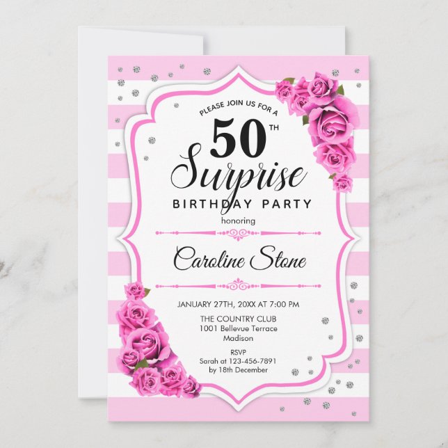 Invitation Surprise 50e anniversaire - Blanc rose (Devant)