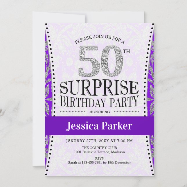 Invitation Surprise 50e anniversaire - Blanc Silver violet (Devant)
