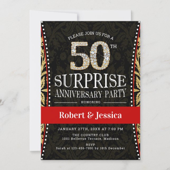 Invitation Surprise 50e anniversaire de la fête - Gold Black  (Devant)