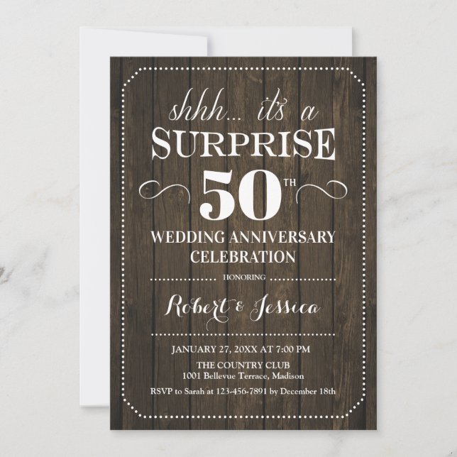 Invitation Surprise 50e anniversaire de mariage - Bois rustiq (Devant)