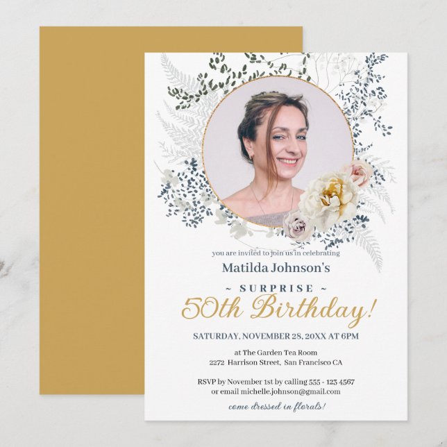 Invitation Surprise 50e anniversaire Delicate Floral Roses ph (Devant / Derrière)