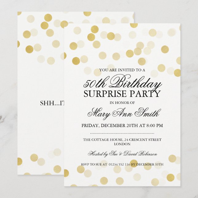 Invitation Surprise 50e anniversaire Gold Foil Parties scinti (Devant / Derrière)