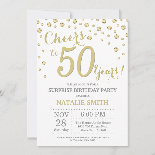 Invitation Surprise 50e anniversaire Gold Parties scintillant (Devant)