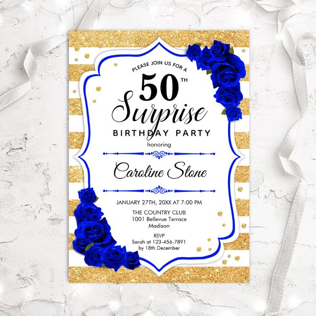 Invitation Surprise 50e anniversaire - Gold White Royal Blue (Créateur téléchargé)