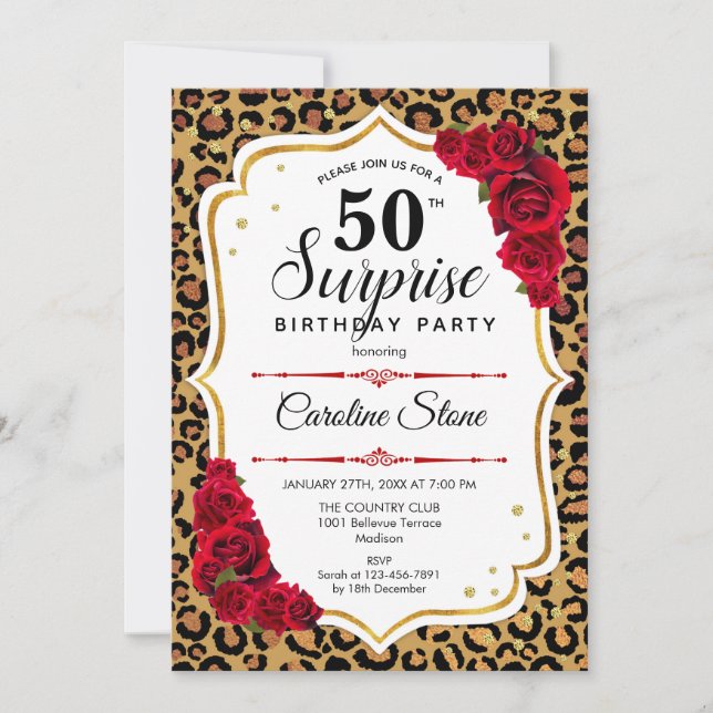 Invitation Surprise 50e anniversaire - Leopard Gold Blanc Rou (Devant)