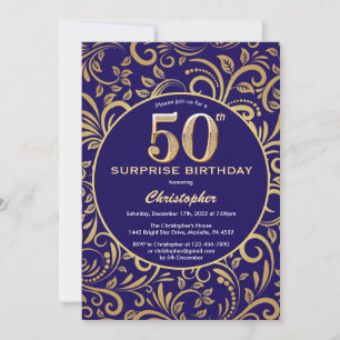 Invitation Surprise 50e anniversaire Marine bleu et or floral