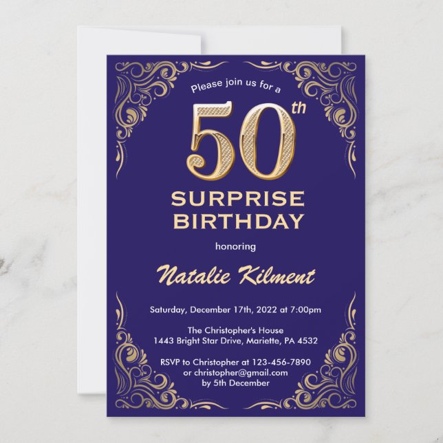 Invitation Surprise 50e anniversaire Marine Blue and Gold Par (Devant)