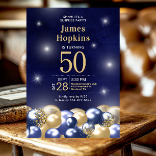 Invitation Surprise 50e anniversaire Marine Blue Gold Ballons