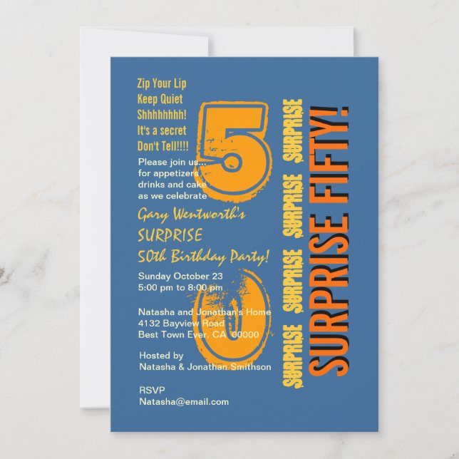 Invitation SURPRISE 50e Anniversaire moderne Bleu Or Orange (Devant)