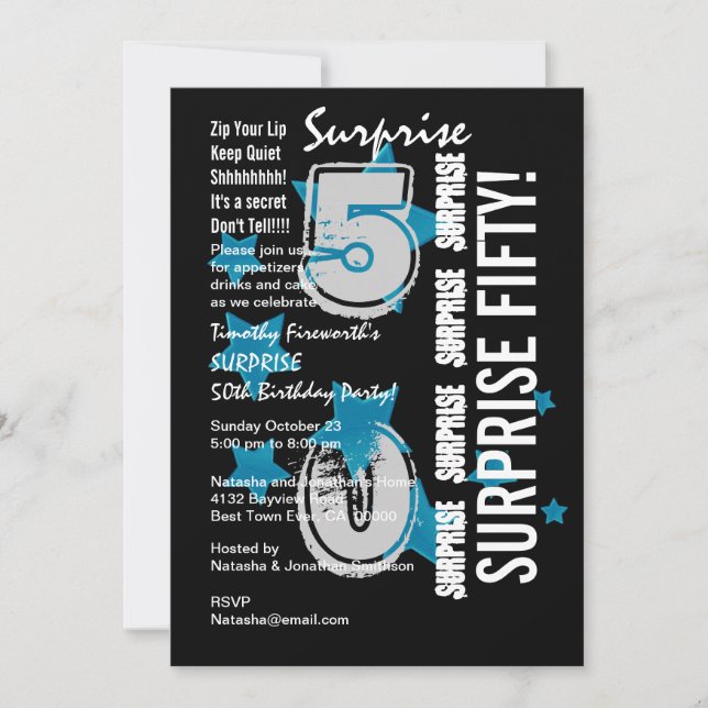 Invitation SURPRISE 50e anniversaire moderne Blue Stars W1758 (Devant)