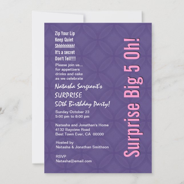 Invitation SURPRISE 50e anniversaire Moderne Purple Pink G351 (Devant)
