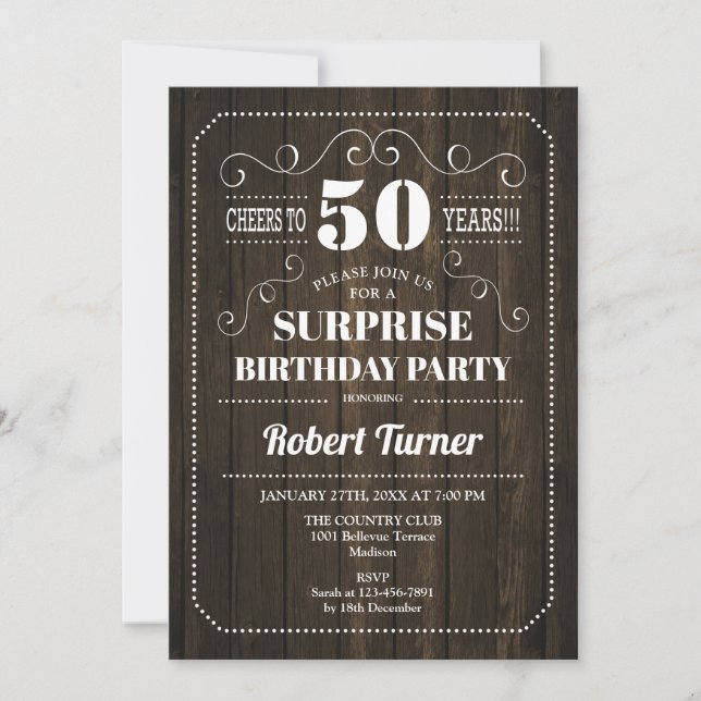 Invitation Surprise 50e anniversaire - Motif de bois (Devant)