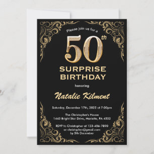 Invitation Surprise 50e Anniversaire Noir et Or Paillettes
