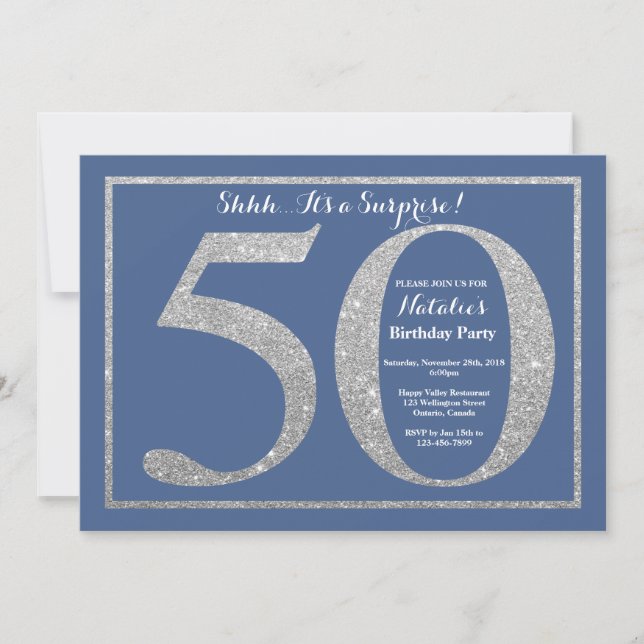 Invitation Surprise 50e anniversaire Parties scintillant bleu (Devant)