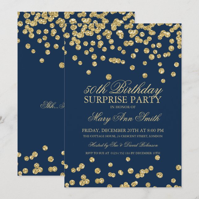 Invitation Surprise 50e anniversaire Parties scintillant d'or (Devant / Derrière)