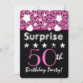 Invitation SURPRISE 50e anniversaire Pink Swirls Hearts Stars