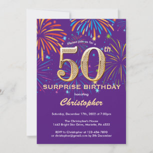 Invitation Surprise 50e anniversaire Purple and Gold Firework