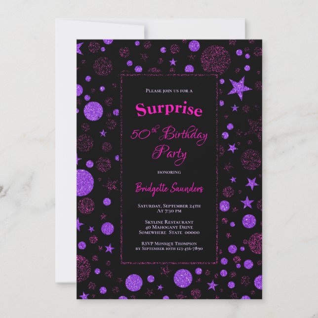 Invitation Surprise 50e anniversaire Purple et Black Party (Devant)