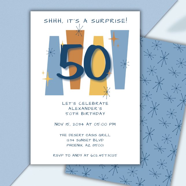 Invitation Surprise 50e anniversaire Retro Midsiècle bleu (Créateur téléchargé)