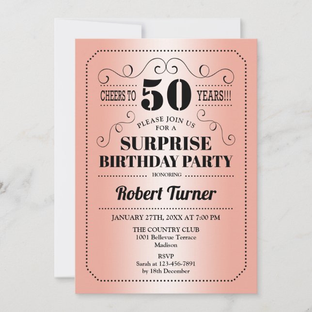 Invitation Surprise 50e anniversaire - Rose Gold Black (Devant)