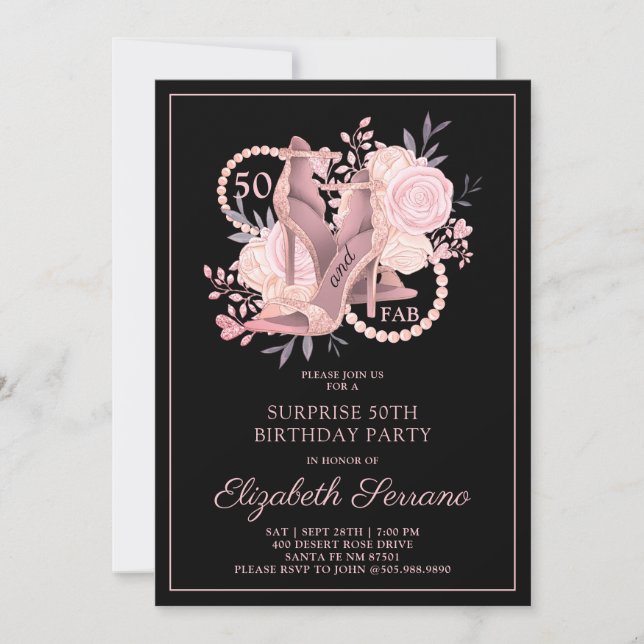 Invitation Surprise 50e anniversaire Rose Gold Black Party (Devant)