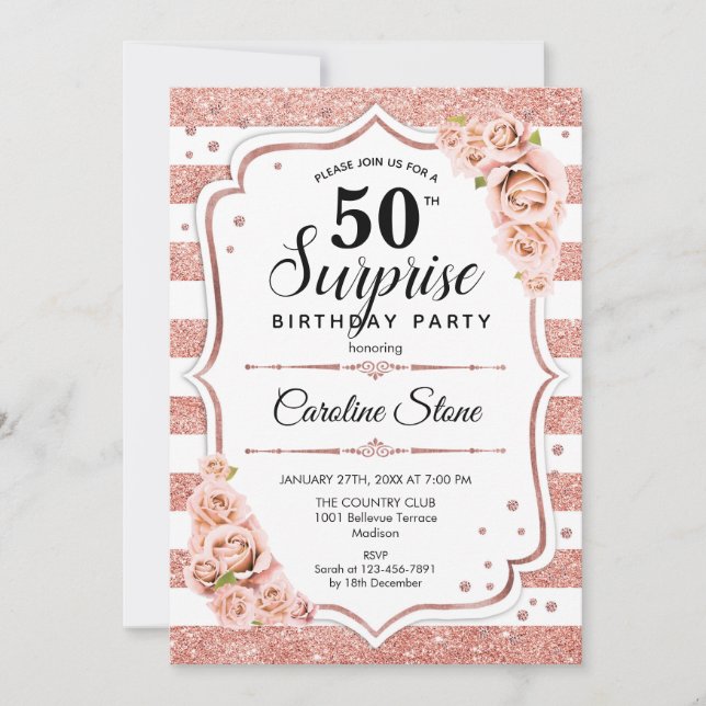 Invitation Surprise 50e anniversaire - Rose Gold White Rose (Devant)