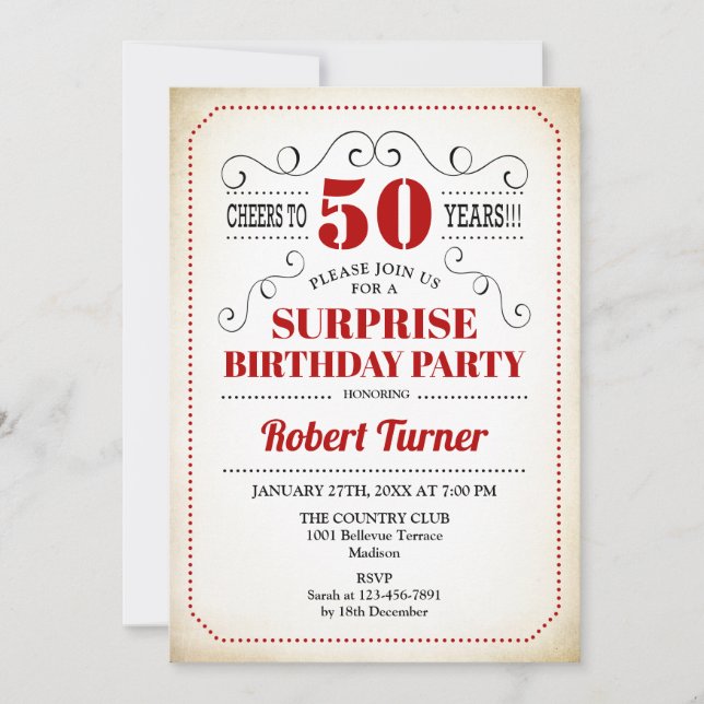 Invitation Surprise 50e anniversaire - Rouge Blanc Noir (Devant)