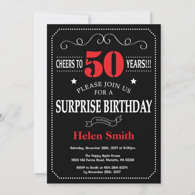Invitation surprise 50e anniversaire Rouge et Noir (Devant)