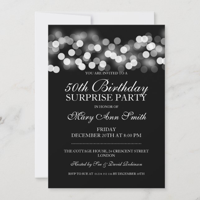 Invitation Surprise 50e anniversaire Silver Hollywood Glam (Devant)