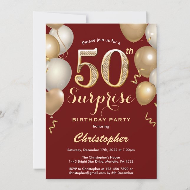Invitation Surprise 50e anniversaire Sombre Rouge et Or Ballo (Devant)