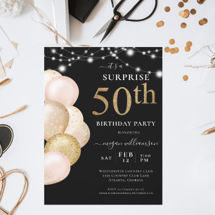 Invitation Surprise 50e Ballons Black Gold Anniversaire