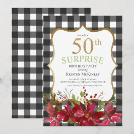 Invitation Surprise 50e Buffalo Plaid Red Flowers Anniversair