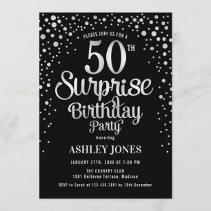 Invitation Surprise 50e fête d'anniversaire - Argent et Noir