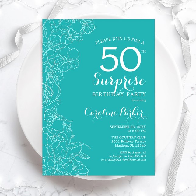 Invitation Surprise 50e fête d'anniversaire - Floral Turquois (Créateur téléchargé)