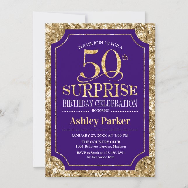 Invitation Surprise 50e fête d'anniversaire - Gold Purple (Devant)