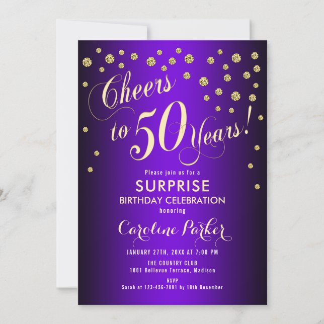 Invitation Surprise 50e fête d'anniversaire - Gold Purple (Devant)