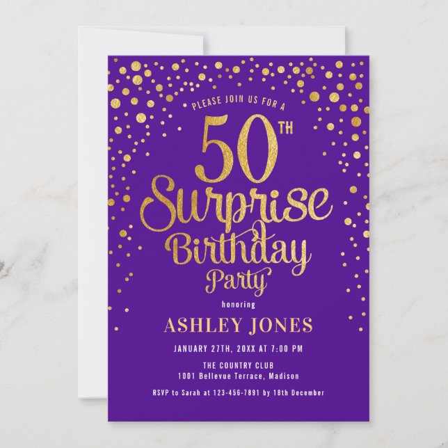 Invitation Surprise 50e fête d'anniversaire - Purple & Gold (Devant)